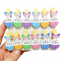 12 Stück Holzklammern mit Bunte Hasen zu Ostern, für Fotos Fotowand Tüten Kinder Dekorieren von Osternestern, Geschenken