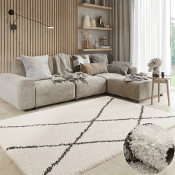MY-RUG Teppich Shaggy Luxe Rechteckig Creme Weiß 230 x 160 cm - Wohnzimmer Hochflor rutschfest Flauschig Weich Moderne Einfarbige Muster Schlafzimmer Skandi Rauten Muster
