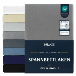 Dreamzie Premium Spannbettlaken 180x200 cm, Spannbetttuch für Dicke Matratzen bis zu 27 cm, Bettlaken 100% Jersey Baumwolle, 150 g/m², Oeko-TEX Zertifiziert - Anthrazit