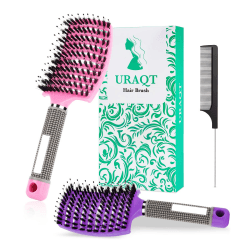 URAQT Haarbürste, 2 Stück Profi Entwirrungsbürste mit Griff, Wildschweinborsten Haarstyling Bürste mit Haarkamm für Lange Feine Dicke Lockige Haare, ohne Ziepen (lila+rosa)