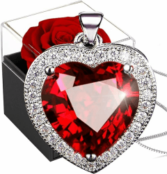 Ewige Rose mit Kette Silber 925,Infinity Rosen Box mit Herz Rubin Halskette,Konservierte Blumen Frauen Geburtsstein Anhänger,Rot Kristall Herz Halskette mit Birthstone Geschenkbox Für Weihnacht Mama