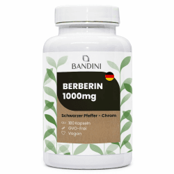 Bandini® Berberin 1040mg rein hochdosiert | 180 vegane Kapseln | Reines Berberin hcl aus Berberis Aristata 97% + Chrom und Schwarzer Pfeffer | Maximale Absorption | Verdauung, Leber, Darmfunktion