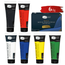 Artina Crylic 6x 120 ml Acrylfarben Set (720ml) - 6 Farben hochwertige Primärfarben Acryl Farben Set - Acrylfarbe für Hobby-Künstler & Profis, Malfarbe für Leinwand, Holz, Steine etc.