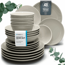 Steingut Geschirrset 12 Pers. Hygge 48-tlg Hochwertiges Skandinavisches TEST SEHR GUT Steingut Geschirr Set - Schüssel- und Teller Set - Tafelservice 12 Personen Geschirrsets Pure Living in Hellbraun