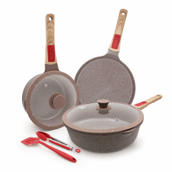 AIKENBBKK Keramik Topf und Pfannenset 7-Teilig, Pfanne 28cm mit Deckel, Stielkasserolle 20cm, Crepe Pfanne 26 cm, Antihaft Keramikbeschichtung Kochgeschirr-Set mit Abnehmbarer Griff