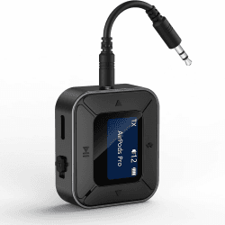 Ainostone Bluetooth Sender Empfänger Flugzeug 2-in-1 Bluetooth 5.3 Audio Adapter mit 3,5mm Aux Klinke Bluetooth Transmitter Niedrige Latenz Bildschirm für 2 Kopfhörer, TV, Stereoanlage, Auto, Airpods