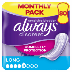 Always Discreet Inkontinenzeinlagen Long, 80 Binden (8 x 10 Stück) Monatspaket, diskreter Schutz & hohe Saugstärke, geruchsneutralisierend