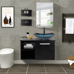 YU YUSING Badmöbel Set Waschbeckenunterschrank Badezimmerschrank mit Waschbecken Unterschrank Spiegel, Badezimmermöbel mit Waschtisch, Spiegelschrank, 2 Wandregale, Wasserhahn Set (Modern Blau)