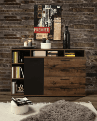 Forte JACKY Sideboard mit 4 Schubladen und 1 Tür, Holzwerkstoff, Script-Schlameiche/Schwarz Eiche, B x H x T: 153,1 x 98,5 x 41,3 cm