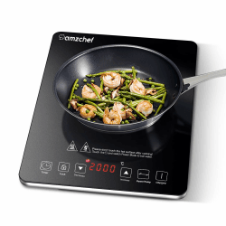 Induktionskochfeld 1 Platte, AMZCHEF Kochplatte Induktion mit ultradünnem Design, 20-Temperaturstufen und 20-Leistungseinstellung, 2000W Induktionskochplatte mit 3-Stunden-Timer, Sicherheitsschloss