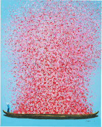 Kare Design Bild Touched Flower Boat Blau/Pink, Gemälde, Pastellfarben, Asia-Stil, buntes Wandbild, Canvas-Leinwand, Massivholz Rahmen, handgemalte Details mit Acrylfarbe, Abstrakt, 100x80x4 cm