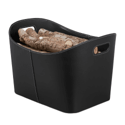 Relaxdays, schwarz Kaminholzkorb Kunstleder XL, stabiler Feuerholzkorb mit Tragegriffen, für Brennholz & Zeitungen, oval, 80% Pappe