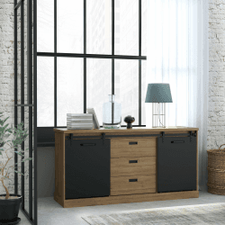Forte KASZIMIRO Sideboard mit 3 Schubladen und 2 Türen, Holzwerkstoff, Waterford Eiche/Schwarz, B x H x T: 173,3 x 88,2 x 52 cm