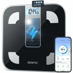 RENPHO Personenwaage Digital, Ohne Batterie, Solarbetriebene Waage, Unbegrenzte Energie, Körperfettwaage mit Smart App, Waage Personen mit 50g Genauigkeit, 180kg, Elis Solar 1