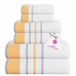Casa Copenhagen White Bay-Handtuch aus 600 g/m² ägyptischer Baumwolle für Hotel, Spa, Küche und Bad, 6-teiliges Set mit 2 Bädern, 2 Händen, 2 Waschlappen – Weiß mit goldenem und grauem Rand