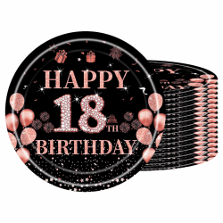 Pappteller 18 Geburtstag,16 Stück Einwegteller Geburtstag,18cm Pappteller Einweg für Junge mädchen,Schwarz Rosé Gold Pappteller für Party Geburtstag,Happy 18th Birthday Einwegteller für 18. Geburtstag