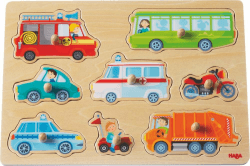 HABA 301940 - Greifpuzzle Fahrzeug-Welt , Holzspielzeug ab 12 Monaten , 8-teiliges Puzzle aus Holz mit bunten Fahrzeugmotiven , Mit großen Knöpfen zum Greifen