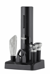 Haier - Elektrisches Weinset/Premium Weinöffner-Set inkl. Dekantieraufsatz und Tropfschutz in Tulpenform, Korkenzieher, Kapselschneider und 2 Vakuumverschlüssen/batteriebetrieben/schwarz