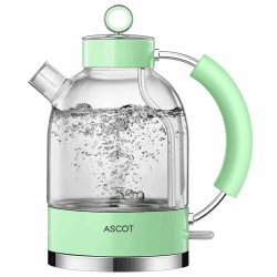 Wasserkocher Glas, ASCOT Elektrischer Wasserkocher Edelstahl, 2200W, 1,5L, leiser Schnellkochkessel, Teekessel, Trockengehschutz und automatische Abschaltung (Hellgrün)