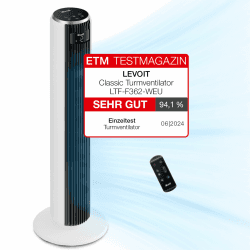 Levoit 20 dB Turmventilator sehr leiser, 7,9 m/s Ventilator mit DC-Motor, 90° oszillierendes Tower Fan mit Fernbedienung für Schlafzimmer, 26W 4 Modi 12 Geschwindigkeiten, 12H Timer, LED-Anzeige, Weiß