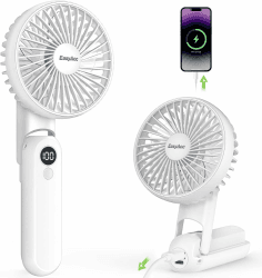 EasyAcc Handventilator,5000mAh Tragbarer Mini Ventilator mit 5 Geschwindigkeiten,15 Stunde Reichweiteund,LED Display,Backup Power und Flashlight,5 in 1 USB Ventilator für Reisen,Büro,Zuhause - Weiß