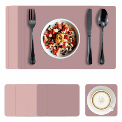 Bazasa Tischsets 6er Set Kunstleder Abwaschbar und Tischuntersetzer Hitzebeständig Doppelseitige Platzdecken rutschfest Platzset mit Untersetzer für Hause Küche Restaurant und Hotel (VioletRed&Rosa