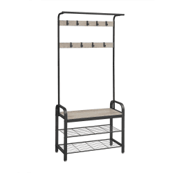 VASAGLE Kleiderständer, Garderobe, Eingangsmöbel, mit abnehmbaren Haken, Bank und Schuhregal, Höhe 183 cm, Metallrahmen, industrieller Stil, Graubraun und Schwarz HSR400B02