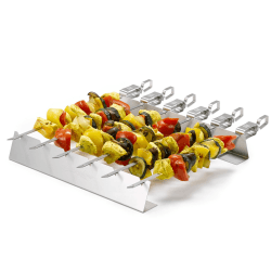 Räucherphorie® Grillspiess-Set - 6x Edelstahl Grillspieße + Grillgestell + Transporttasche - Robuste Schachlickspieße für Fleisch, Gemüße und Vegane Alterantiven