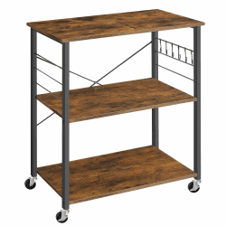 VASAGLE Küchenregal auf Rollen, Servierwagen, 3 Ebenen, Küchenwagen, für Mini-Backofen, Mikrowellen, Metallrahmen, 6 Haken, 40 x 80 x 89 cm, vintagebraun-tintenschwarz KKS067K01