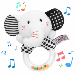 Babyrasseln 0-6 Monate, Schwarze Und Weiße Weiche Rasseln Plüschtierspielzeug, Elefanten-/Fuchs-Plüschringe Säuglingsspielzeug Mit Handgriff(Gummiring Elefant)