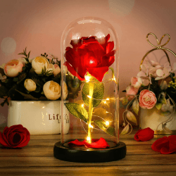 Ewige Rosen, Künstliche Blume Rose Geschenk, Ewige Rose im Glas Künstlich Rose Lampe, Holzsockel LED-Licht Rose Blume Geschenk für Hochzeit Dekor Jubiläum Weihnachten Muttertag Hochzeitsgeschenk (A)