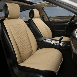 Black Panther Sitzauflage Auto, PU-Leder Autositzbezüge Vordersitze, mit Kopfstützenabdeckung, Fit 95% Autos, Limousine, SUV, Pickup, Van-Keine Heizung (2 Stücke -Beige)