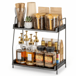 ANBOXIT Kaffee Organizer, Kaffeebar Zubehör Organizer Holz, Kaffee Aufbewahrung für Kaffeestation, Arbeitsplatten Gewürzregal für Küche, 2-stöckige Kaffee Caddy für Küche, Zuhause, Büro - Schwarz
