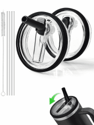 DealKits 2 Stück für Stanley Cup Deckel Auslaufsicher, mit 2 Stück Trinkhalmen und 1 Strohhalm Bürste, Ersatzdeckel für Stanley 40oz Becher, Wiederverwendbarer, Zubehör für Stanley Cup (Schwarz)