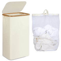 iEGrow Wäschekorb 75L, Wäschesammler Schmal mit Herausnehmbarer und Waschbarer Innentasche, Wäschekörbe Laundry Baskets mit Griffen für Kleidung, Spielzeug, Handtücher (Beige)
