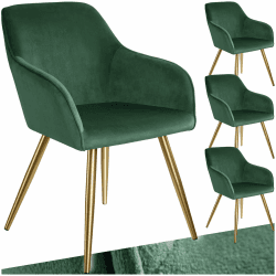 tectake®4er Set Esszimmerstuhl, Sessel bequem mit Armlehne, Polsterstuhl, Samtstoff Cocktailsessel, Loungesessel für Wohnzimmer, Esszimmer, Moderne Küchenstühle, Bürostuhl - dunkelgrün/Gold