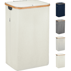 LONBET Wäschekorb mit Deckel 100L Groß - Stilvoller Wäschesammler Atmungsaktiv mit Stabilem Bambus-Rahmen - inklusive Herausnehmbarem Wäschesack Waschbar - Laundry Baskets Wasserdicht | Beige