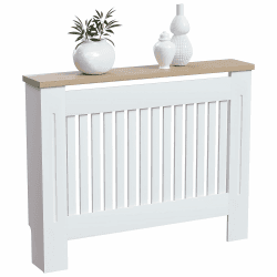 Vida Designs Arlington Heizkörperabdeckung, weiß, moderner lackierter MDF-Schrank, Lamellen, Grill, Holzablage, mittelgroß (H: 83,3 / B: 111 / T: 19 cm)