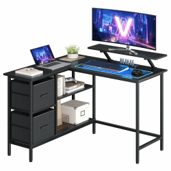 VASAGLE L-förmiger Schreibtisch, 2 geräumige Schubladen, Computertisch mit Monitorständer, Eckschreibtisch, Gaming-Tisch mit Verstellbarer Ablage 115 x 105cm ebenholzschwarz LWD097B56