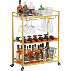 Lifewit Servierwagen, 3-stöckiger Barwagen mit blockierbaren Rädern, Weinregal und Glashaltern, Küchenwagen, Esszimmer, Wohnzimmer, 63,2 x 30 x 81,5 cm, Gold