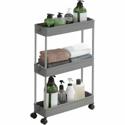 SONGMICS Rollwagen, Küchenwagen mit 3 Ebenen, Küchenregal, Nischenregal, mit 6 Haken, 360° drehbare Räder, Stahlgestell, Bad, Küche, Büro, grau KSC007G01