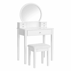 VASAGLE Schminktisch-Set, Frisiertisch, mit Spiegel, modern, gepolsterter Hocker, 5 Schubladen, 70 x 40 x 134 cm, Geschenkidee, weiß RDT152W01