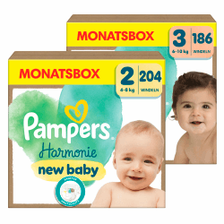 Pampers Harmonie Windeln MONATSBOX Set, mit Größe 2 (4-8kg, 204 Stück) + Größe 3 (6-10kg, 186 Stück), Baby Erstausstattung