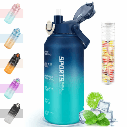 MOMSIV Trinkflasche 2L, 2 Liter Große Sport Wasserflasche mit Strohhalm und Früchtebehälter und Zeitmarkierungen, Auslaufsicher BPA-Frei Sportflasche für Fitness, Camping, Outdoor, Yoga, Blau Grün