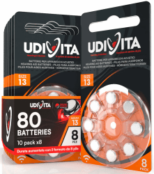 80 Batterien für Hörgeräte Udivita Größe 13 (Orange) PR48 Zink-Luft mit Sound Fusion-Technologie – 10 Blister mit 8 Batterien