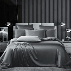 Bettwäsche Set Satin 200x200cm 3teilig Grau Anthrazit Dunkelgrau Silky Touch Glänzend Seide Bettbezug Glatt Luxus Bettwäsche Set weicher Doppelbettmit Reissverschluss und Kissenbezüge 80x80cm