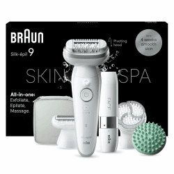 Braun Silk-épil 9 SkinSpa All-in-One Set, Epilierer Damen / Haarentferner für langanhaltende Haarentfernung, Ladyshaver, Facespa Gesichtshaarentferner, 9-381, Weiß/Silber