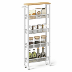 VASAGLE Rollwagen 5 Ebenen, Küchenwagen schmal, Nischenregal auf Rollen, Stahl, Griff, für kleine Räume, 13 x 45,4 x 99,6 cm, Küche, Bad, Wohnzimmer, Arbeitszimmer, eichenfarben-weiß LRC034W09