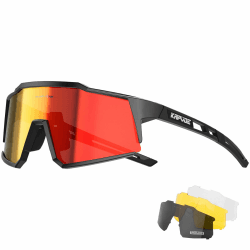 KAPVOE Polarisiert Fahrradbrille mit 1 Linse oder 4 austauschbare Linse TR90 Rahmen für Herren Damen Sport Radfahren MTB 01 Schwarzer Rahmen / 4 Rote Linsen