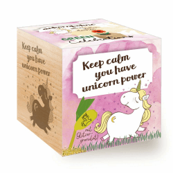 Feel Green 296725 Grow Your Own Einhornbohne, Holzwürfel Mit Lasergravur «Keep Calm, You Have Unicorn Power», Nachhaltige Geschenkidee, Anzuchtset, Ecocube, Made in Austria
